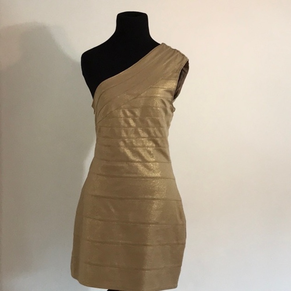 Express shimmer gold one shoulder dress